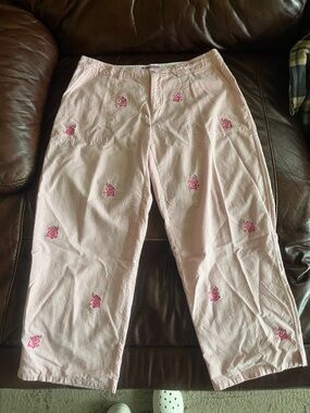 Lilypod Pink Striped Cropped Cotton Pants with Pink Elephant Embroidery